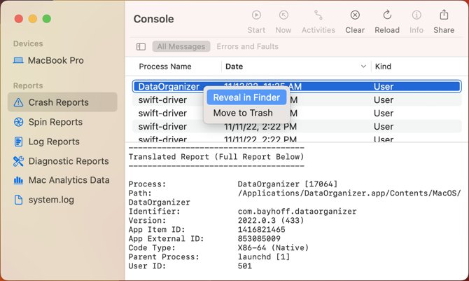 Console crash reports screenshot